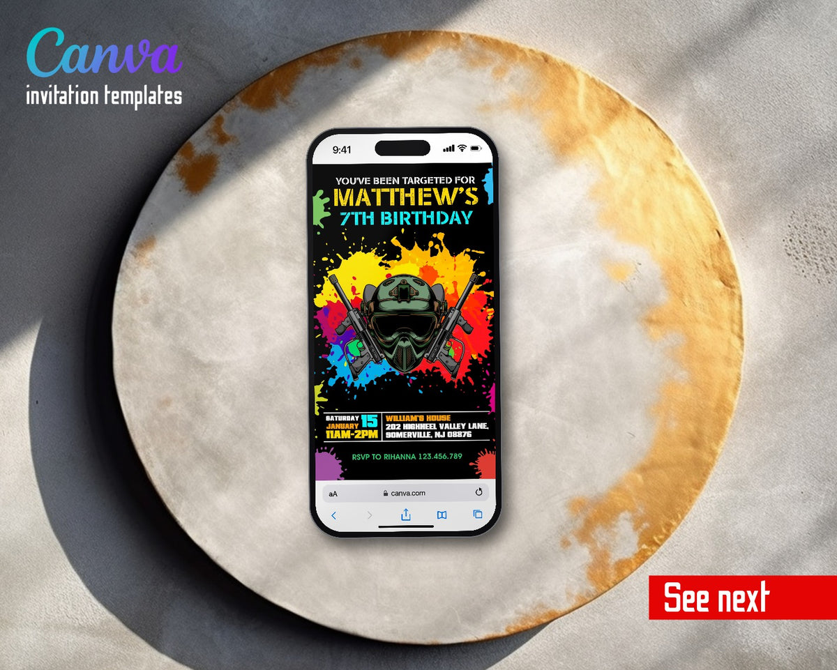 Paintball Airsoft battle Mask Splatter Video Birthday Invitation | Animated Evite | Editable Canva