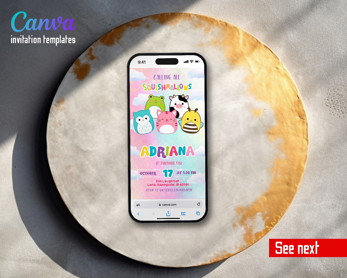 Squishmallows Frog Cow Bee Clouds Video Birthday Invitation | Animated Evite | Editable Canva