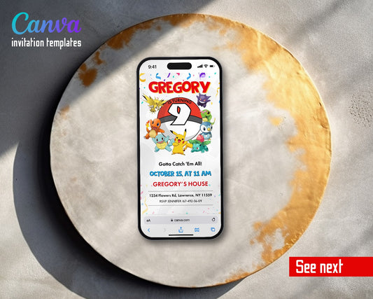 Pokemon Pikachu Big Pokeball Number Video Birthday Invitation | Animated Evite | Editable Canva