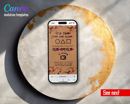 Squid Game Kraft Paper Blood Splatter Video Birthday Invitation | Animated Evite | Editable Canva