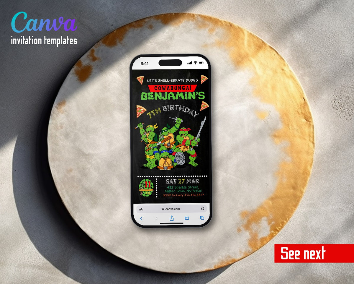 Teenage Mutant Ninja Turtles Pizza Chalk Video Birthday Invitation | Animated Evite | Editable Canva