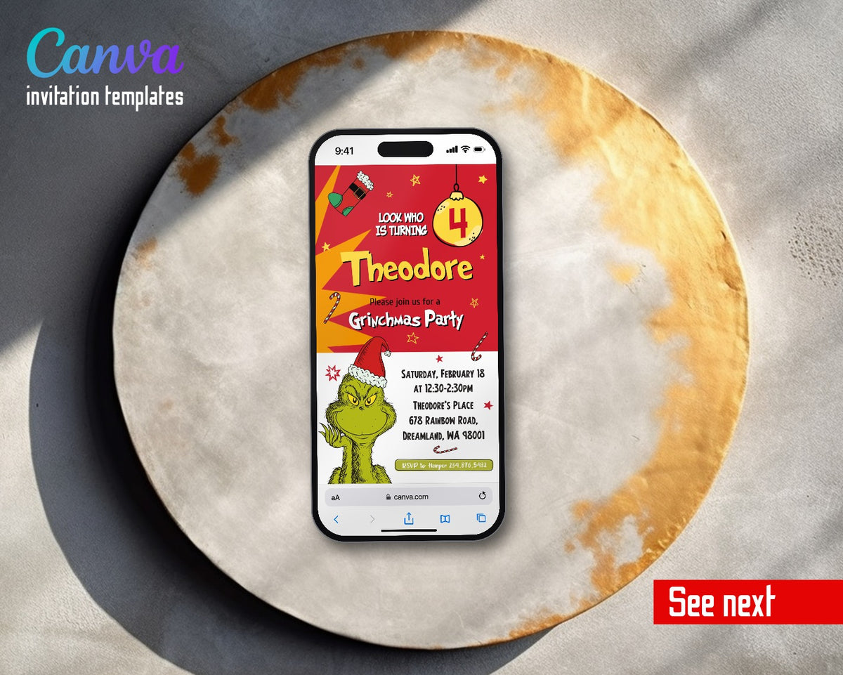 Dr Seuss How the Grinch Stole Christmas Red Ornament Santa Hat Video Birthday Invitation | Animated Evite | Editable Canva