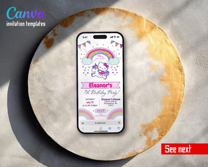Hello Kitty Sanrio Unicorn Rainbow Video Birthday Invitation | Animated Evite | Editable Canva