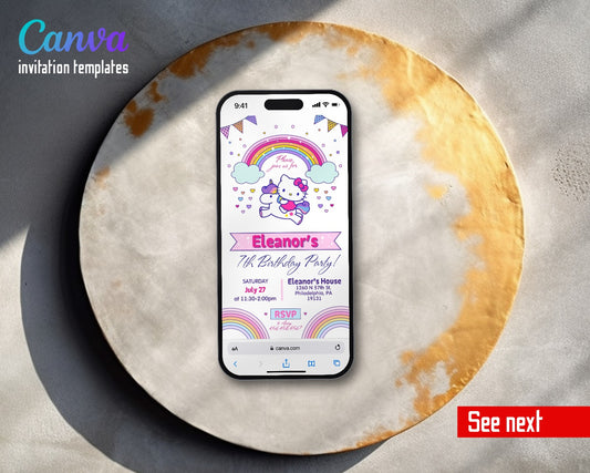 Hello Kitty Sanrio Unicorn Rainbow Video Birthday Invitation | Animated Evite | Editable Canva