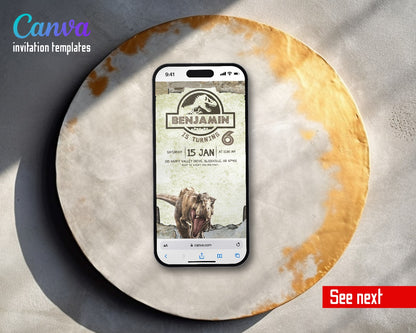 Jurassic Park Dinosaur Stone Frame T-Rex Video Birthday Invitation | Animated Evite | Editable Canva