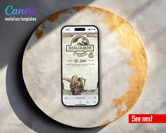 Jurassic Park Dinosaur Stone Frame T-Rex Video Birthday Invitation | Animated Evite | Editable Canva