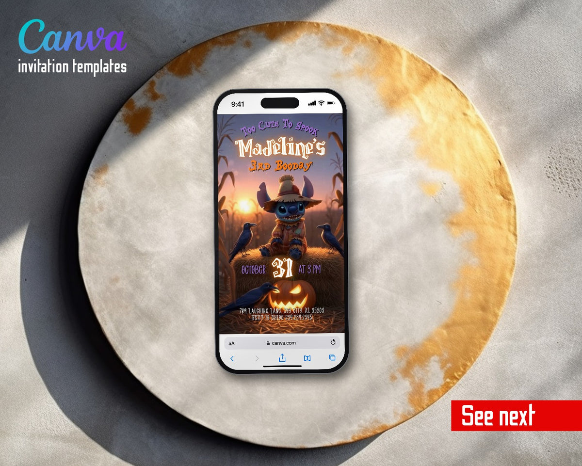 Stitch Hall Scarecrow Sunset Video Birthday Invitation | Animated Evite | Editable Canva