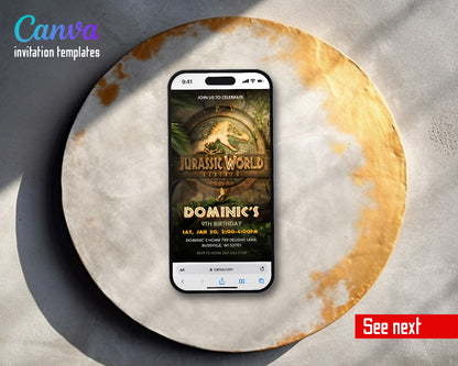 Jurassic World Rebirth Dinosaur Golden Medallion Video Birthday Invitation | Animated Evite | Editable Canva