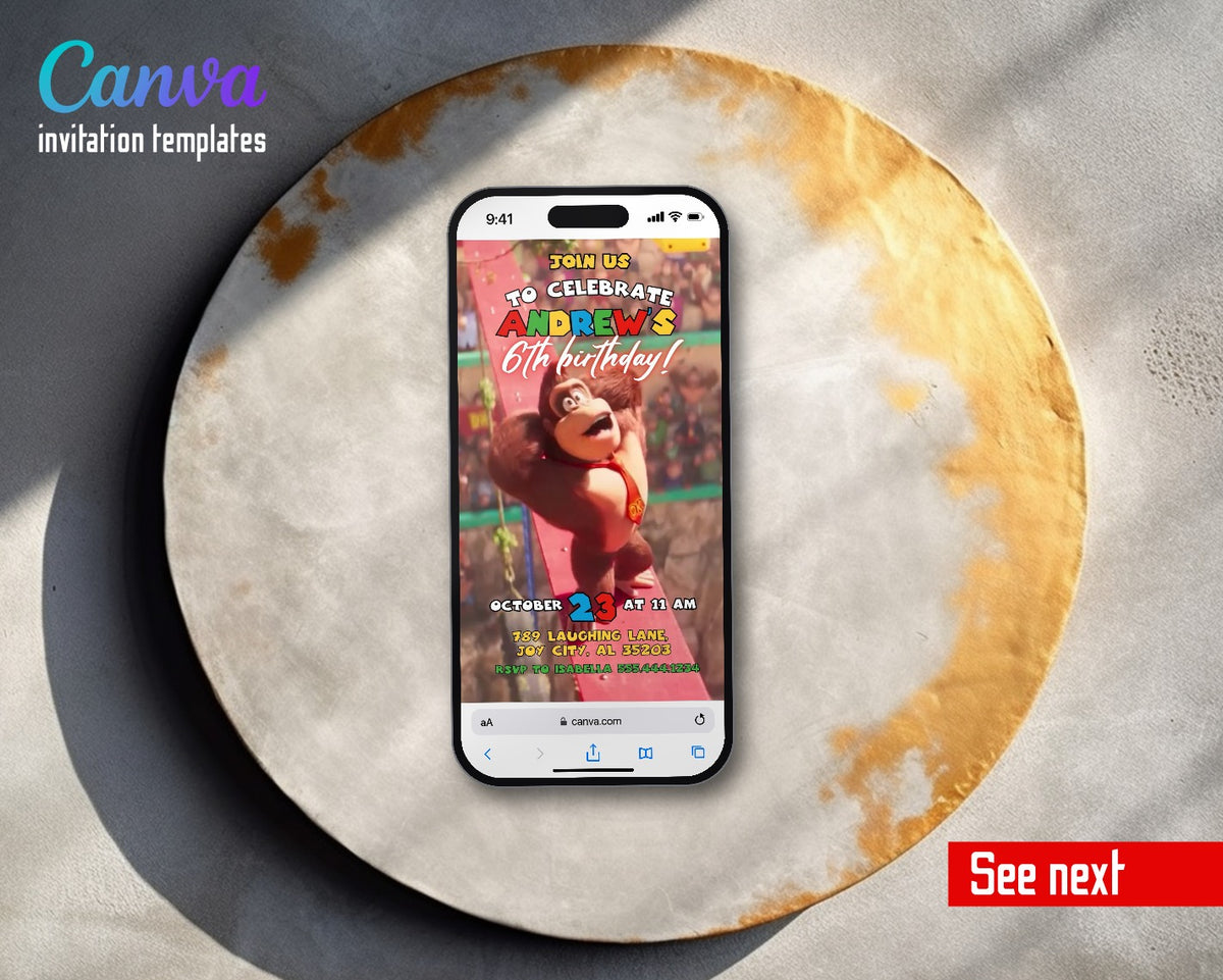 Super Mario Bros Donkey Kong Vine Swing Video Birthday Invitation | Animated Evite | Editable Canva