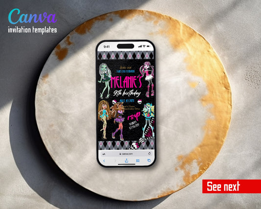 Monster High Argyle Gray Borders Video Birthday Invitation | Animated Evite | Editable Canva