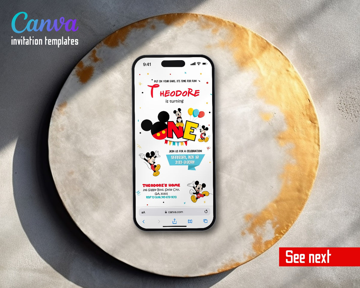 Mickey Mouse 1st Birthday Ears ONE Balloons Video Birthday Invitation | Animated Evite | Editable Canva