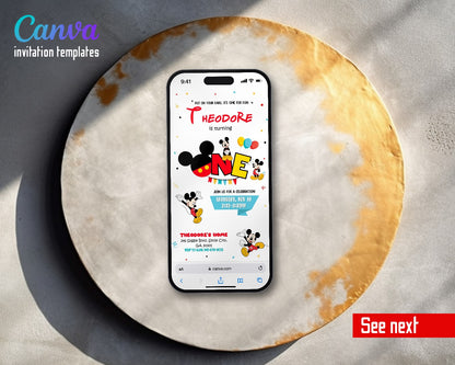 Mickey Mouse 1st Birthday Ears ONE Balloons Video Birthday Invitation | Animated Evite | Editable Canva