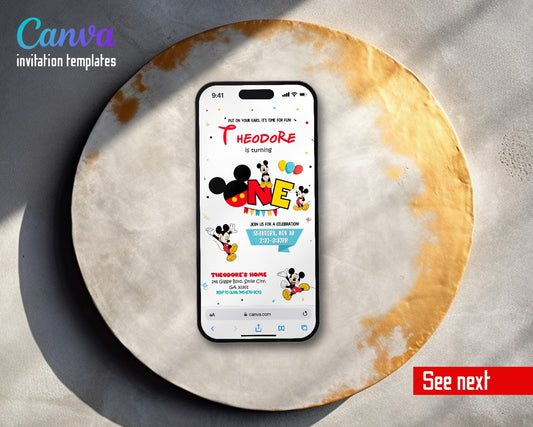 Mickey Mouse 1st Birthday Ears ONE Balloons Video Birthday Invitation | Animated Evite | Editable Canva