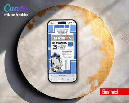 Starwars R2-D2 Blue Panel Video Birthday Invitation | Animated Evite | Editable Canva