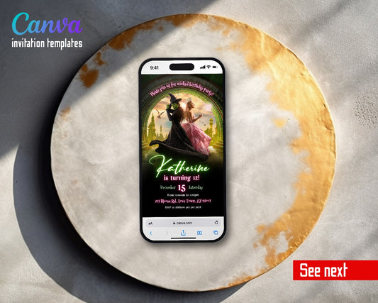 Wicked Musical Movie Neon Emerald City Witches Video Birthday Invitation | Animated Evite | Editable Canva