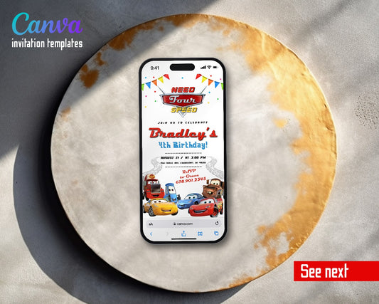 Cars Lightning Mcqueen Four Rainbow Bunting Pitstop Video Birthday Invitation | Animated Evite | Editable Canva