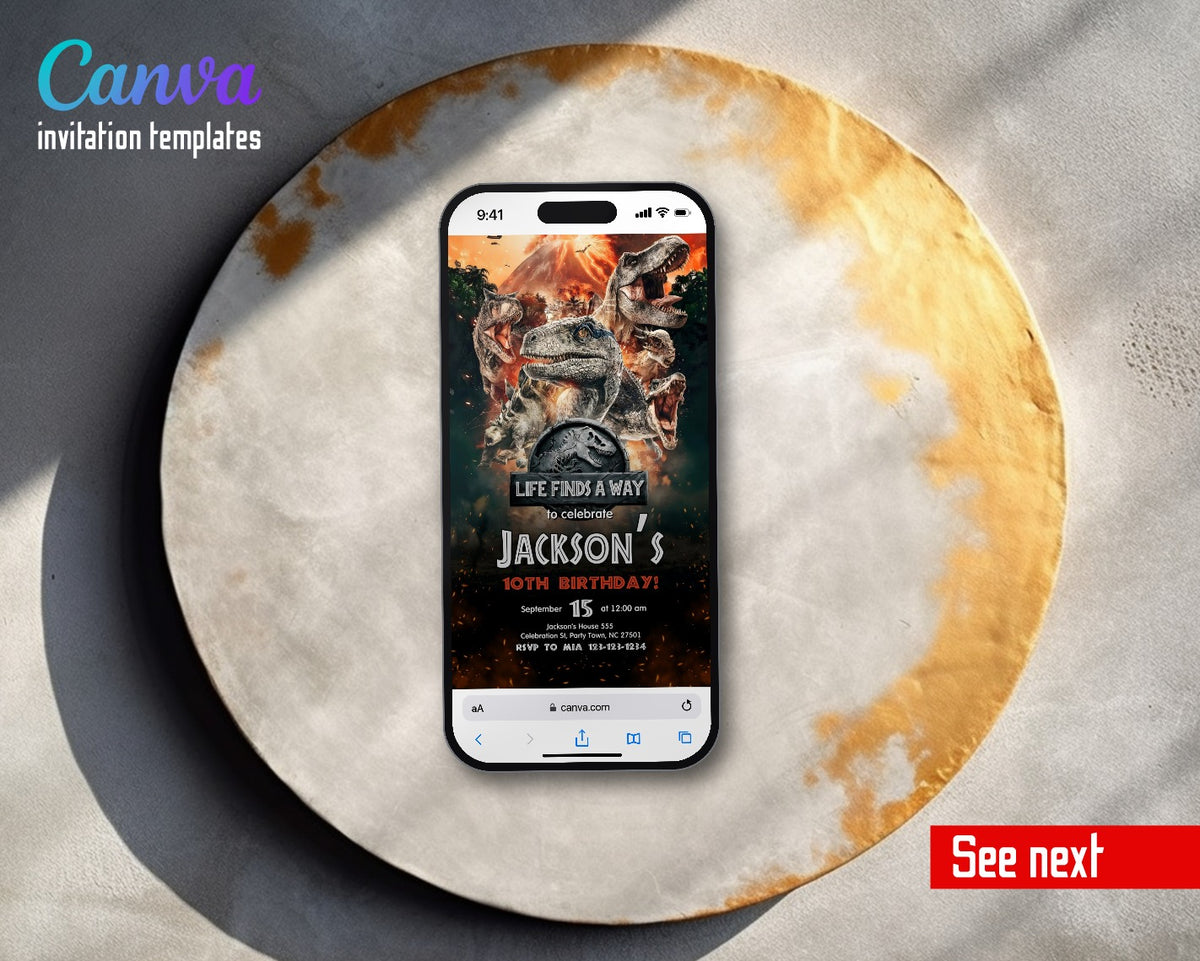 Jurassic World Dinosaur Volcano Life Finds Way Video Birthday Invitation | Animated Evite | Editable Canva