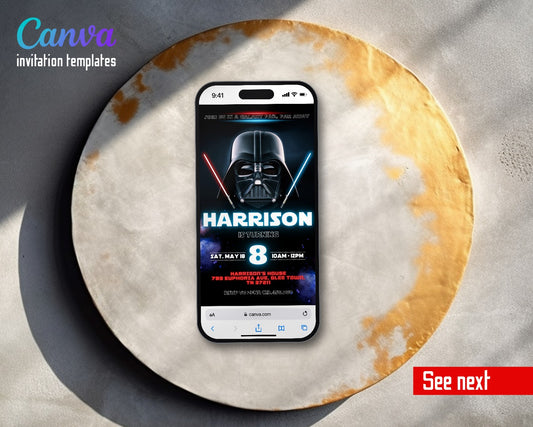 Darth Vader Neon Saber Video Birthday Invitation | Animated Evite | Editable Canva