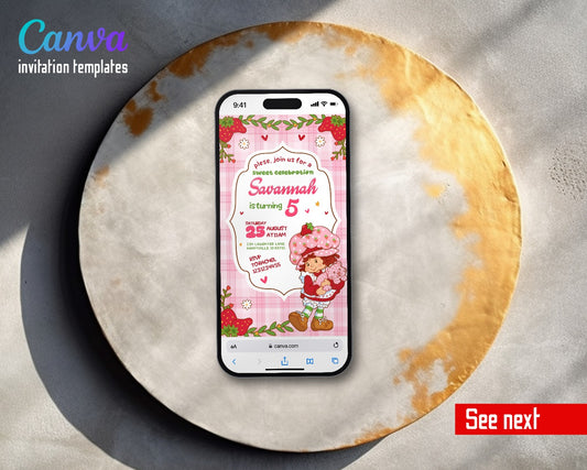 Strawberry Shortcake Pink Gingham Strawberries Video Birthday Invitation | Animated Evite | Editable Canva