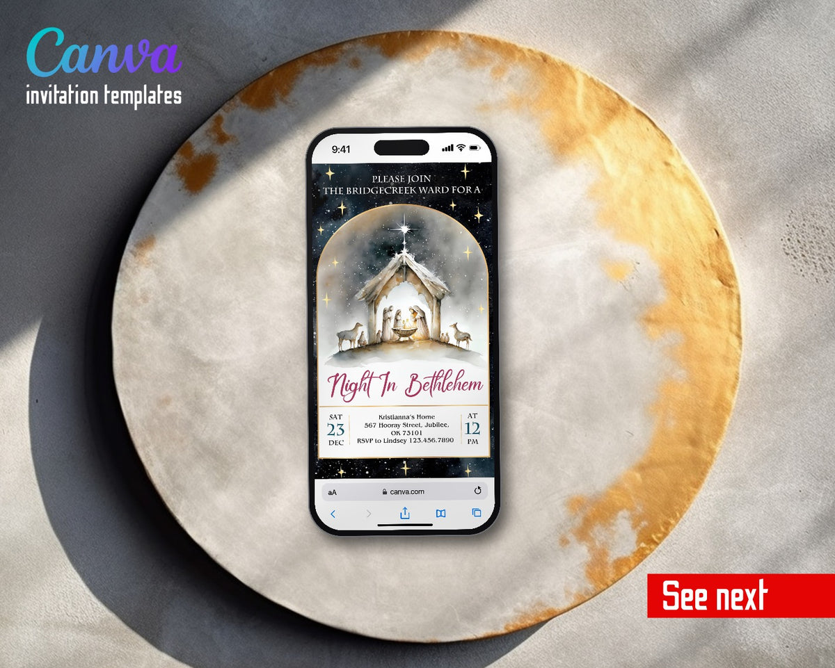 A Night In Bethlehem Nativity Arch Magenta Title Video Birthday Invitation | Animated Evite | Editable Canva
