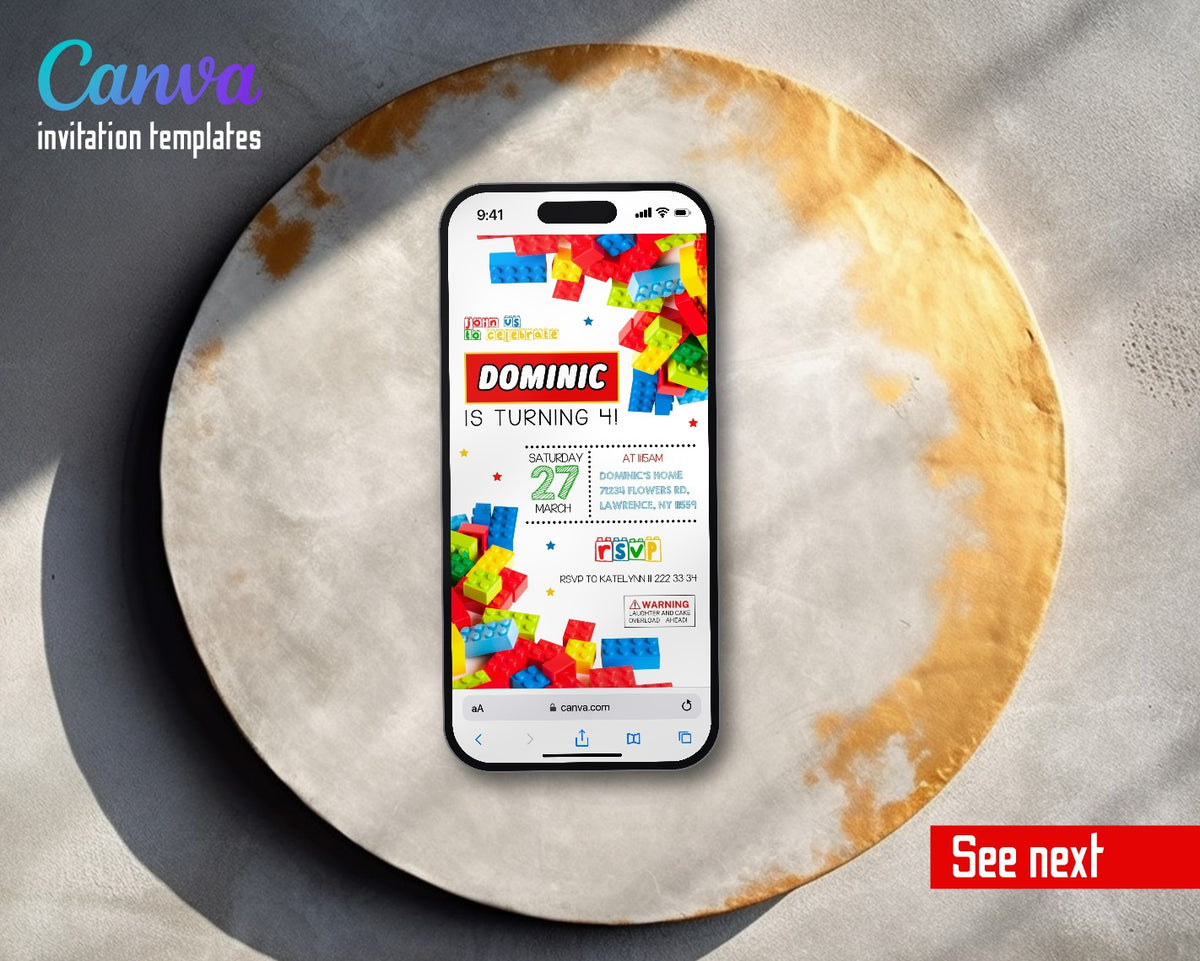 Lego Scattered Bright Bricks Video Birthday Invitation | Animated Evite | Editable Canva
