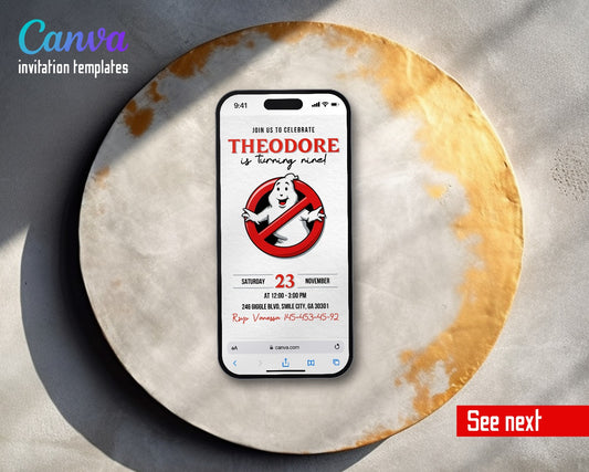 Ghostbusters Clean White Red Logo Video Birthday Invitation | Animated Evite | Editable Canva