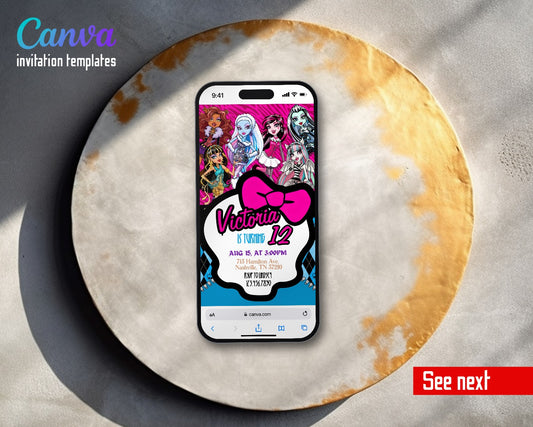 Monster High White Bubble Bow Argyle Video Birthday Invitation | Animated Evite | Editable Canva