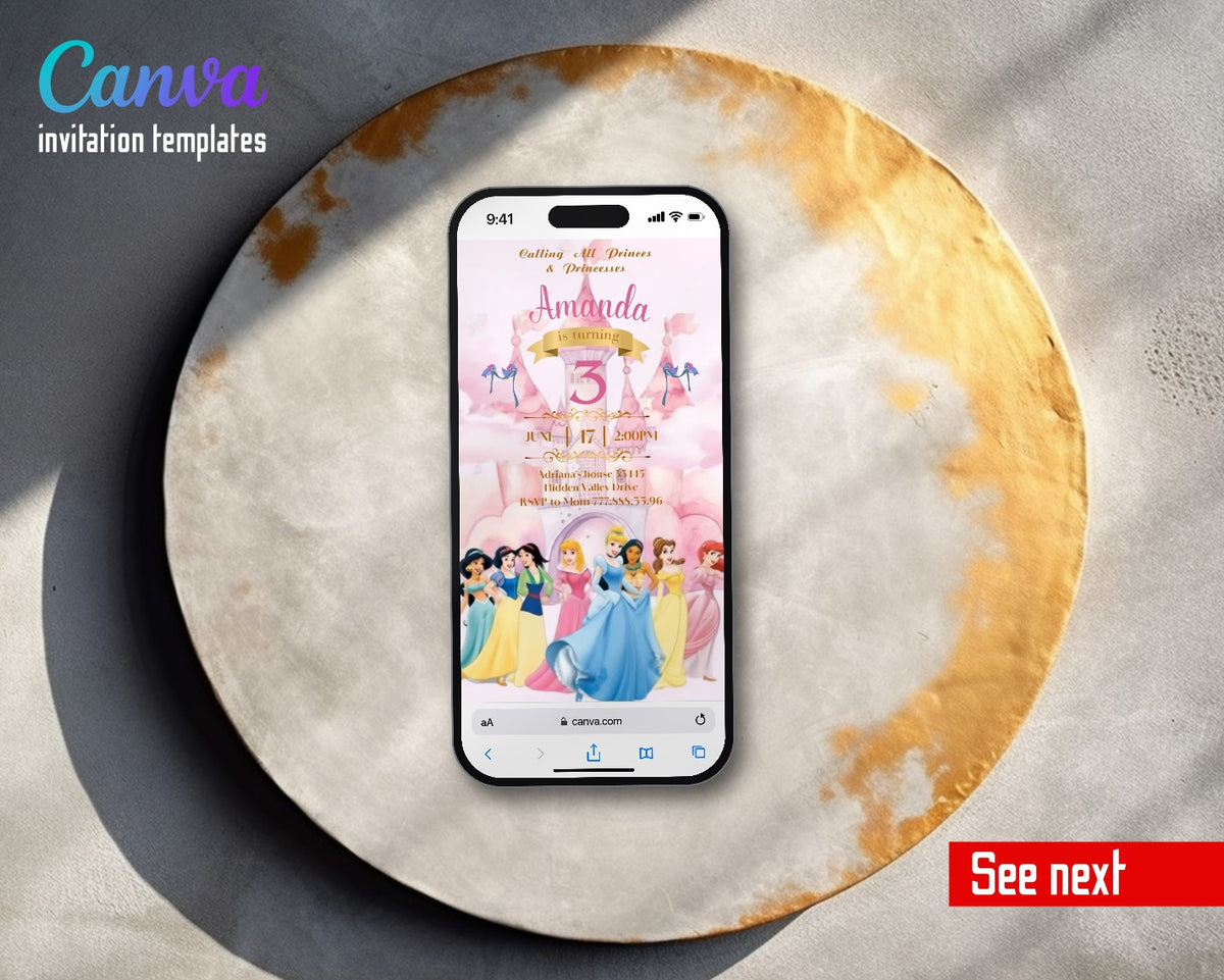 Disney Princess Pink Castle Lineup Video Birthday Invitation | Animated Evite | Editable Canva