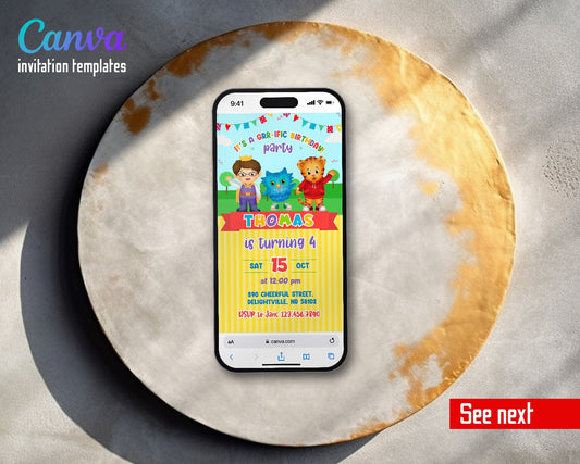Daniel Tiger's Neighborhood Grr-ific Yellow Stripes Video Birthday Invitation | Animated Evite | Editable Canva