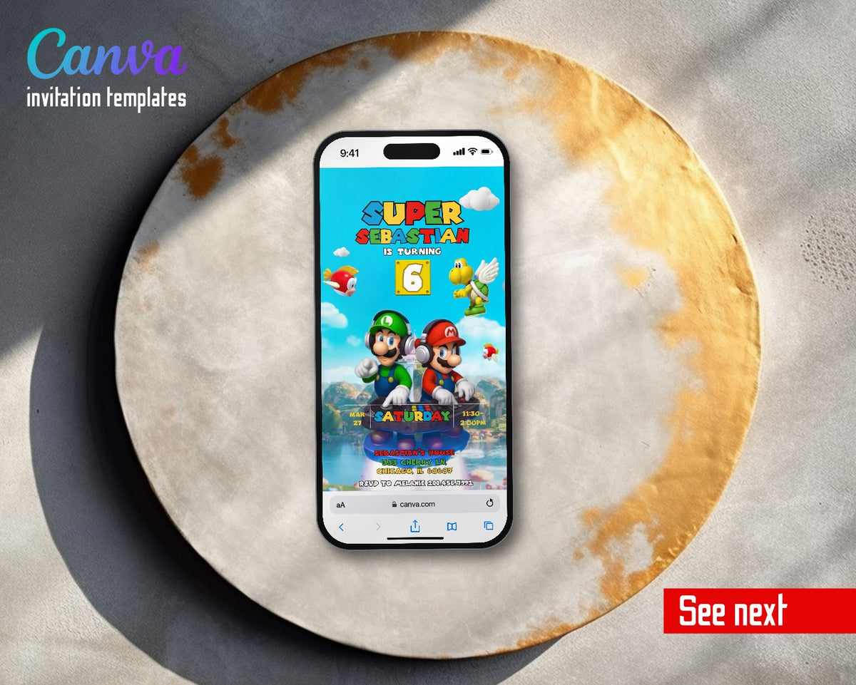 Super Mario Bros DJ Luigi Headphones Video Birthday Invitation | Animated Evite | Editable Canva
