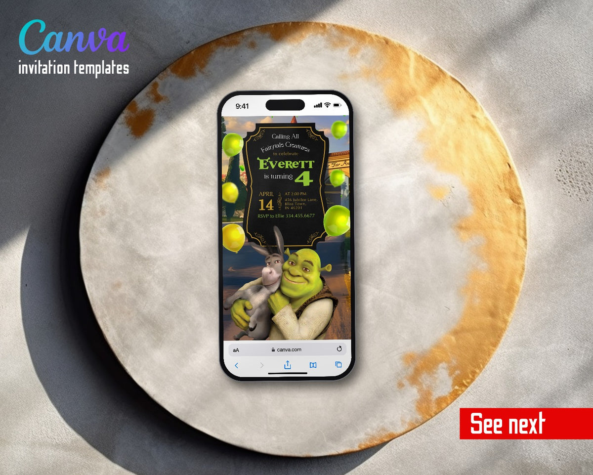 Shrek Gold Frame Donkey Video Birthday Invitation | Animated Evite | Editable Canva