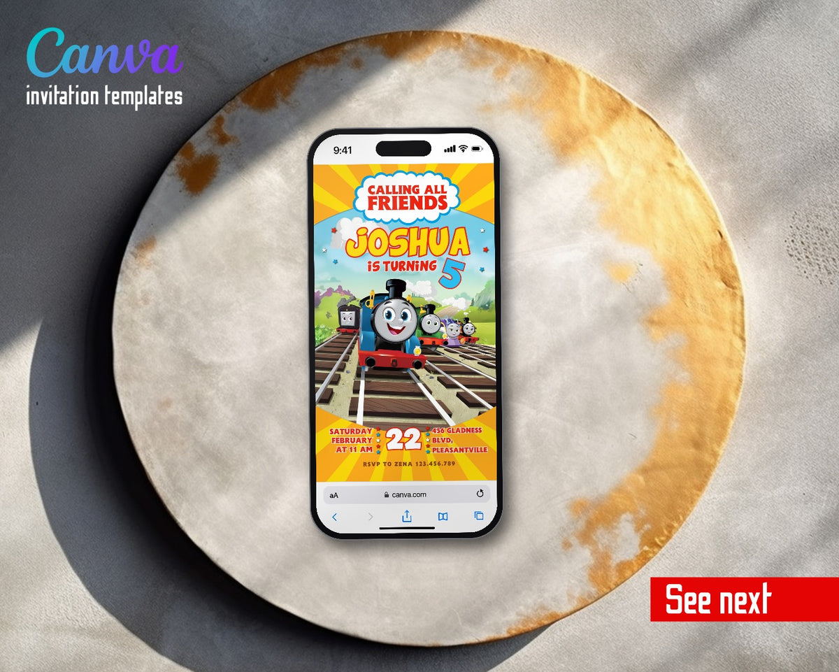 Thomas Train & Friends Railway Sunburst Video Birthday Invitation | Animated Evite | Editable Canva