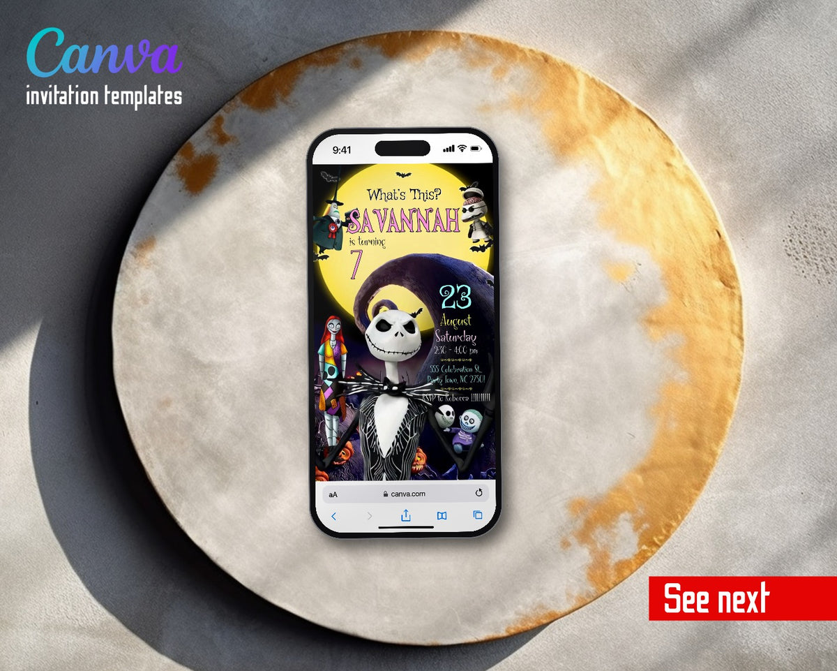 The Nightmare Before Christmas Halloween Giant Moon Jack Video Birthday Invitation | Animated Evite | Editable Canva