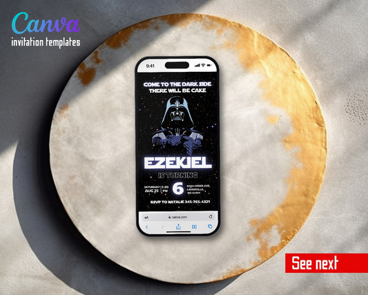 Starwars Vader Glowing Name Video Birthday Invitation | Animated Evite | Editable Canva