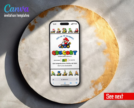 Mario Kart Racer Row Checkered Bands Video Birthday Invitation | Animated Evite | Editable Canva