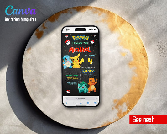 Pokemon Pikachu Chalkboard Starter Trio Video Birthday Invitation | Animated Evite | Editable Canva