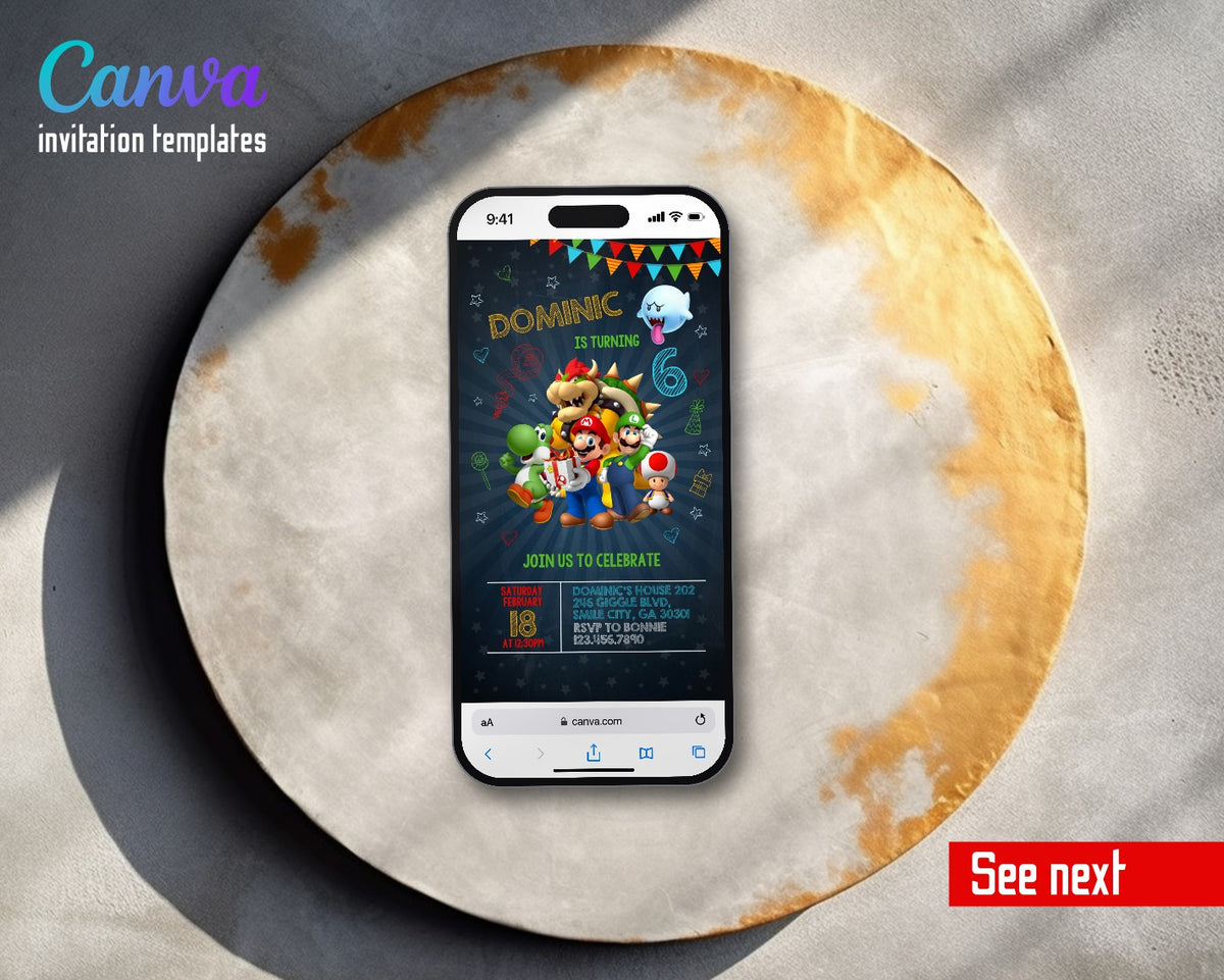 Super Mario Bros Chalkboard Bowser Boo Video Birthday Invitation | Animated Evite | Editable Canva