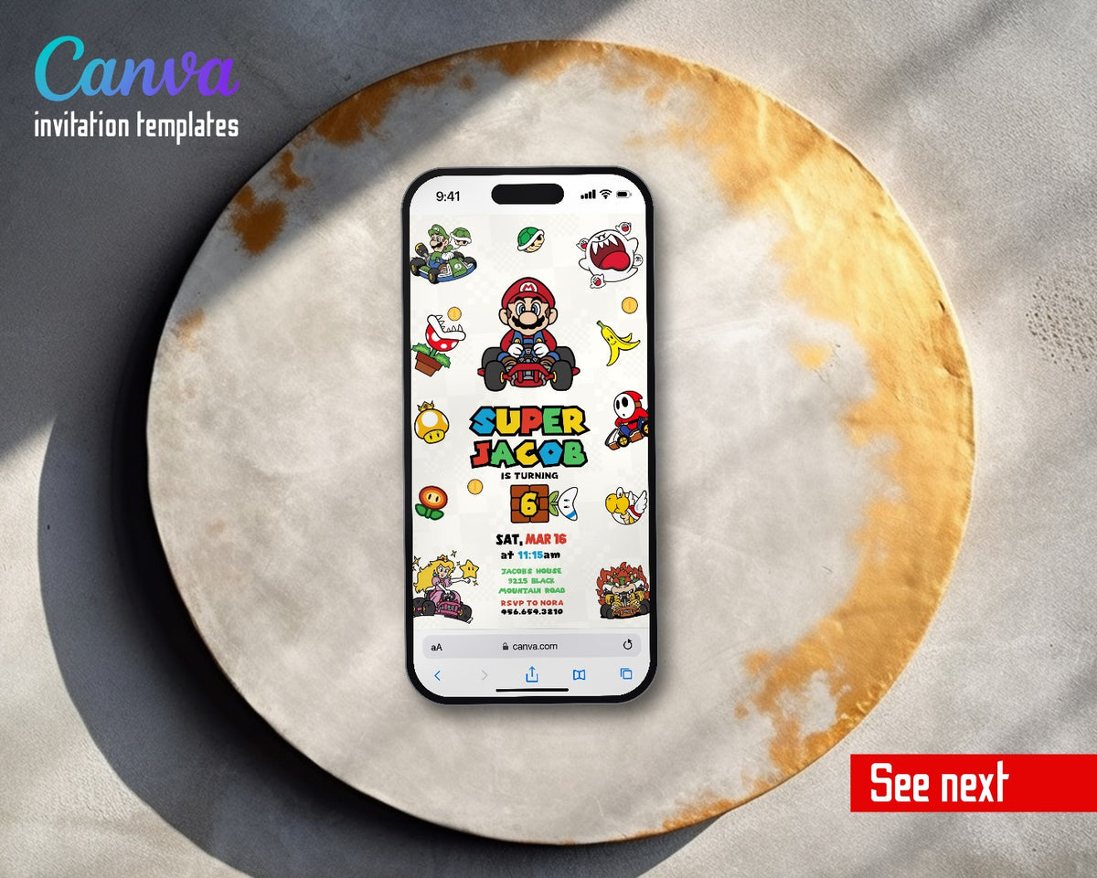 Mario Kart Icons Checkerboard Video Birthday Invitation | Animated Evite | Editable Canva