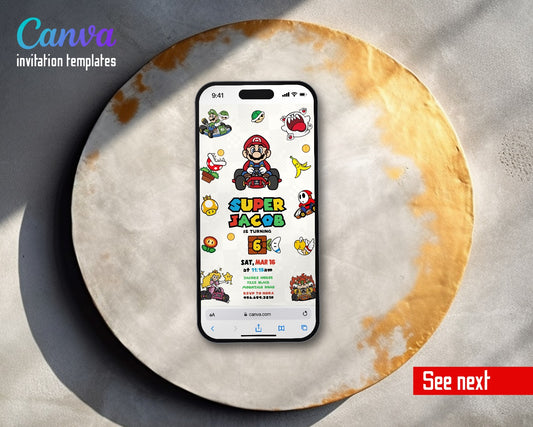 Mario Kart Icons Checkerboard Video Birthday Invitation | Animated Evite | Editable Canva