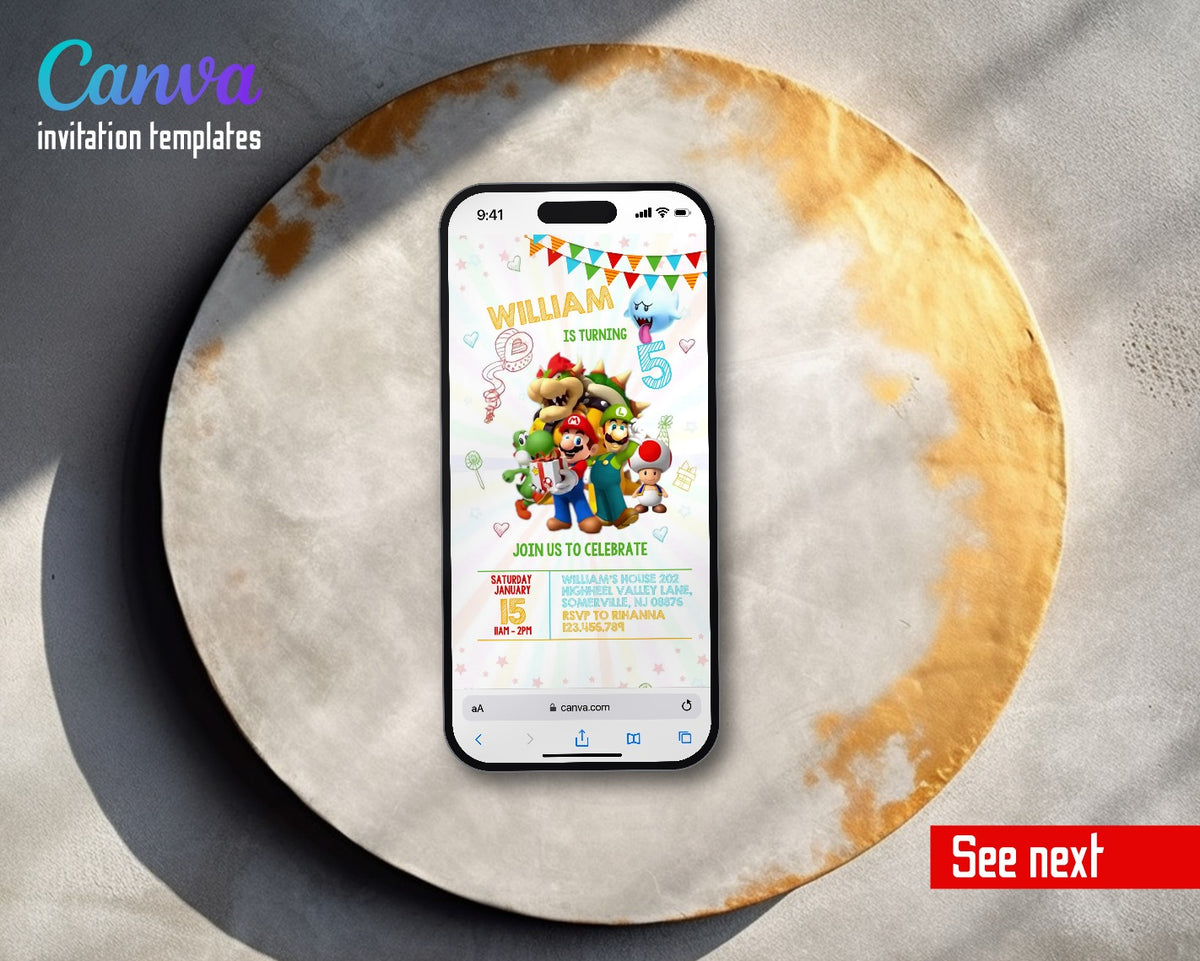 Super Mario Bros White Rays Yellow Name Video Birthday Invitation | Animated Evite | Editable Canva