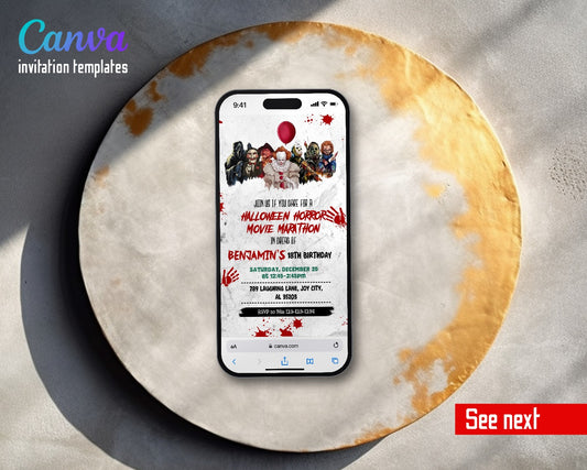 Horror Killer Movie Party Blood Splatter Marathon Video Birthday Invitation | Animated Evite | Editable Canva