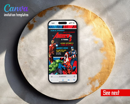 Avengers Comic Heroes Dark Navy Video Birthday Invitation | Animated Evite | Editable Canva