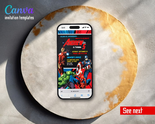 Avengers Comic Heroes Dark Navy Video Birthday Invitation | Animated Evite | Editable Canva