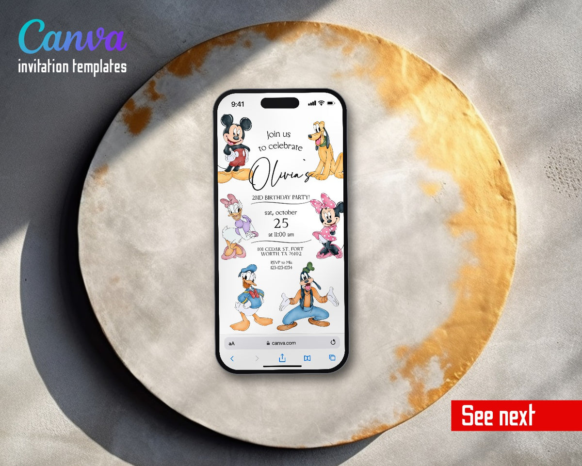 Clubhouse Mickey Mouse Watercolor Gang Video Birthday Invitation | Animated Evite | Editable Canva