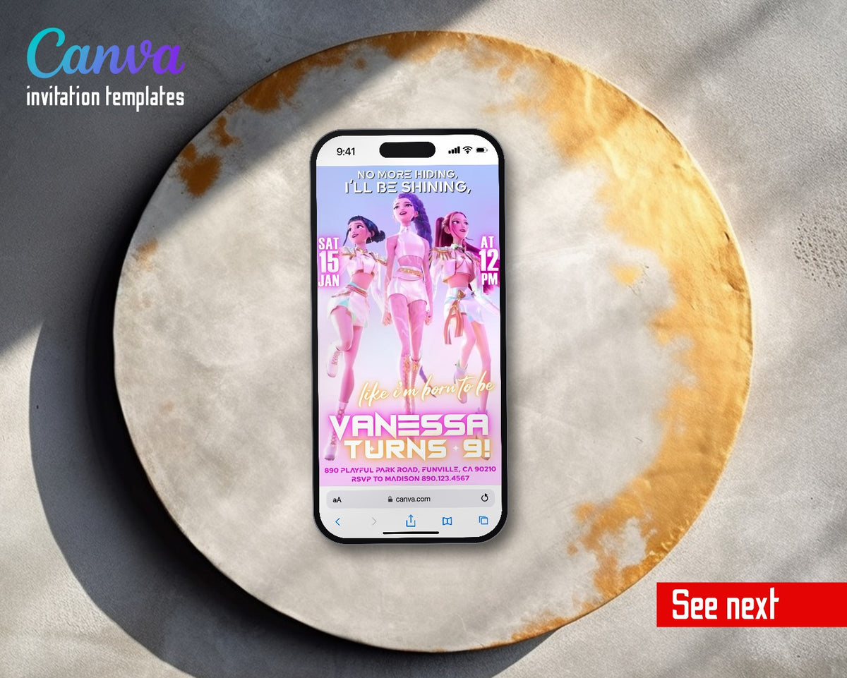 K-pop Demon Hunter Shining Trio Pink Haze Video Birthday Invitation | Animated Evite | Editable Canva