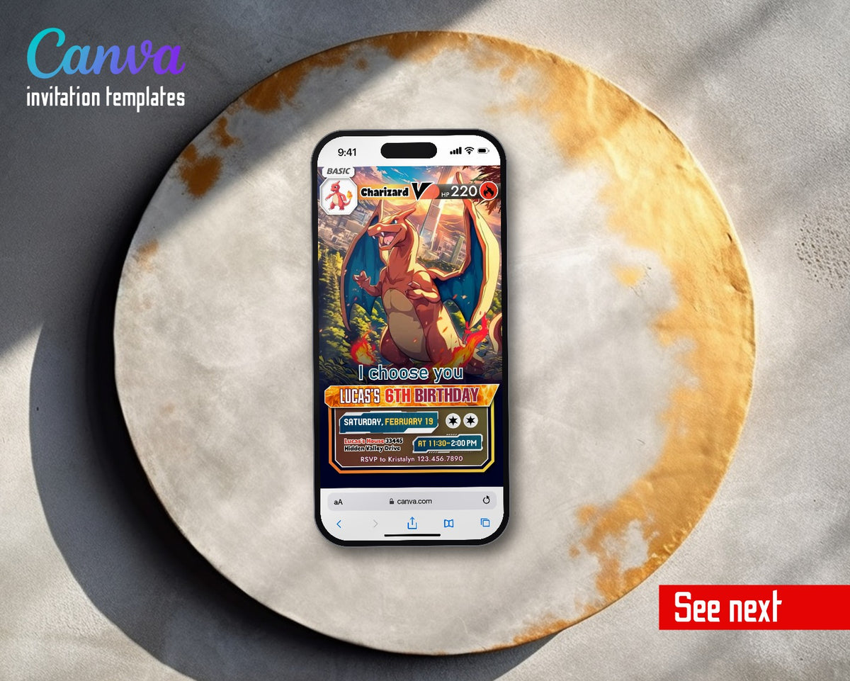 Charizard Pokemon Anime Trading Card Video Birthday Invitation | Animated Evite | Editable Canva
