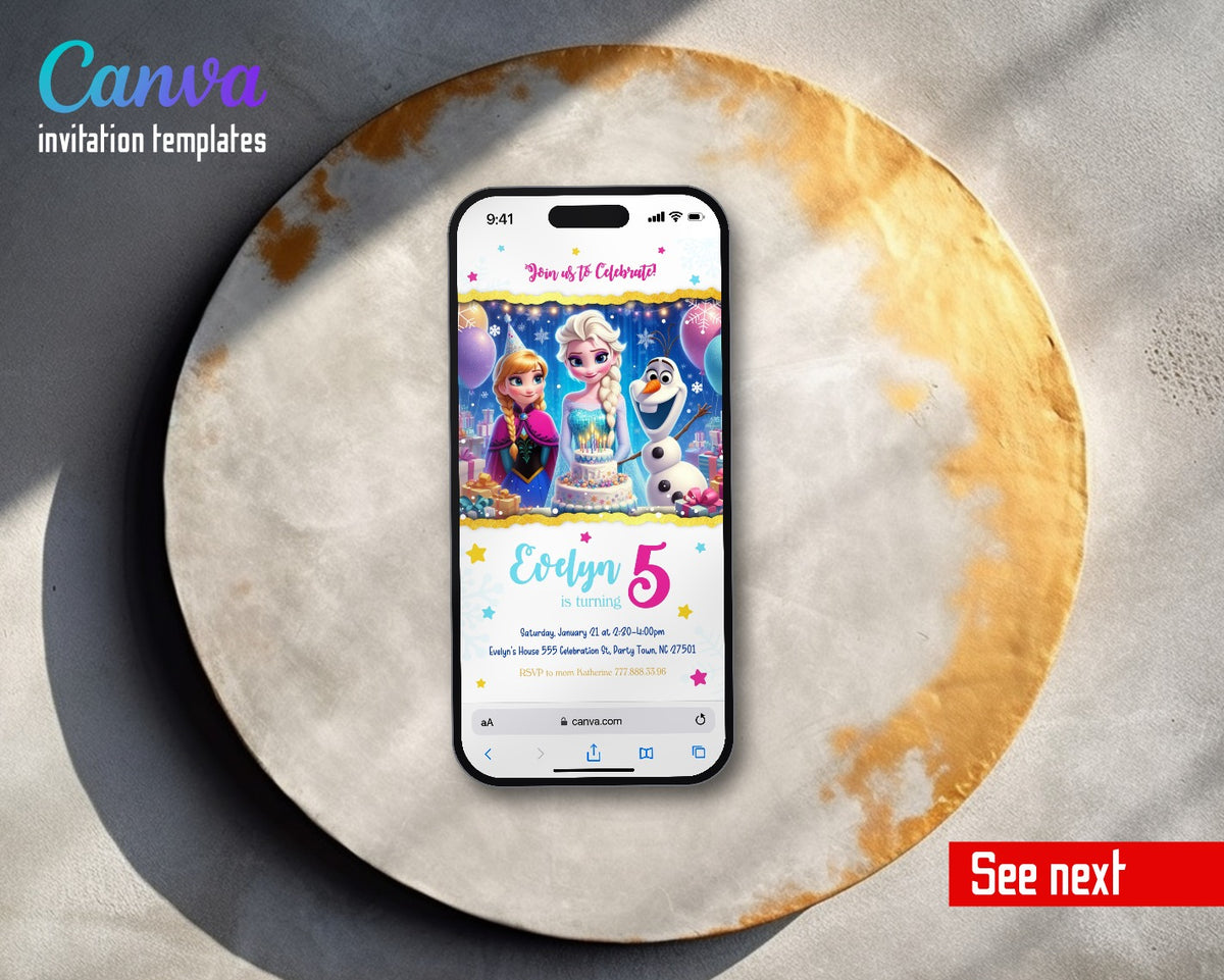 Frozen Elsa Birthday Cake Olaf Video Birthday Invitation | Animated Evite | Editable Canva