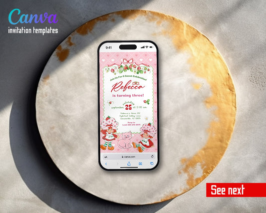 Strawberry Shortcake Ribbon Frame Video Birthday Invitation | Animated Evite | Editable Canva