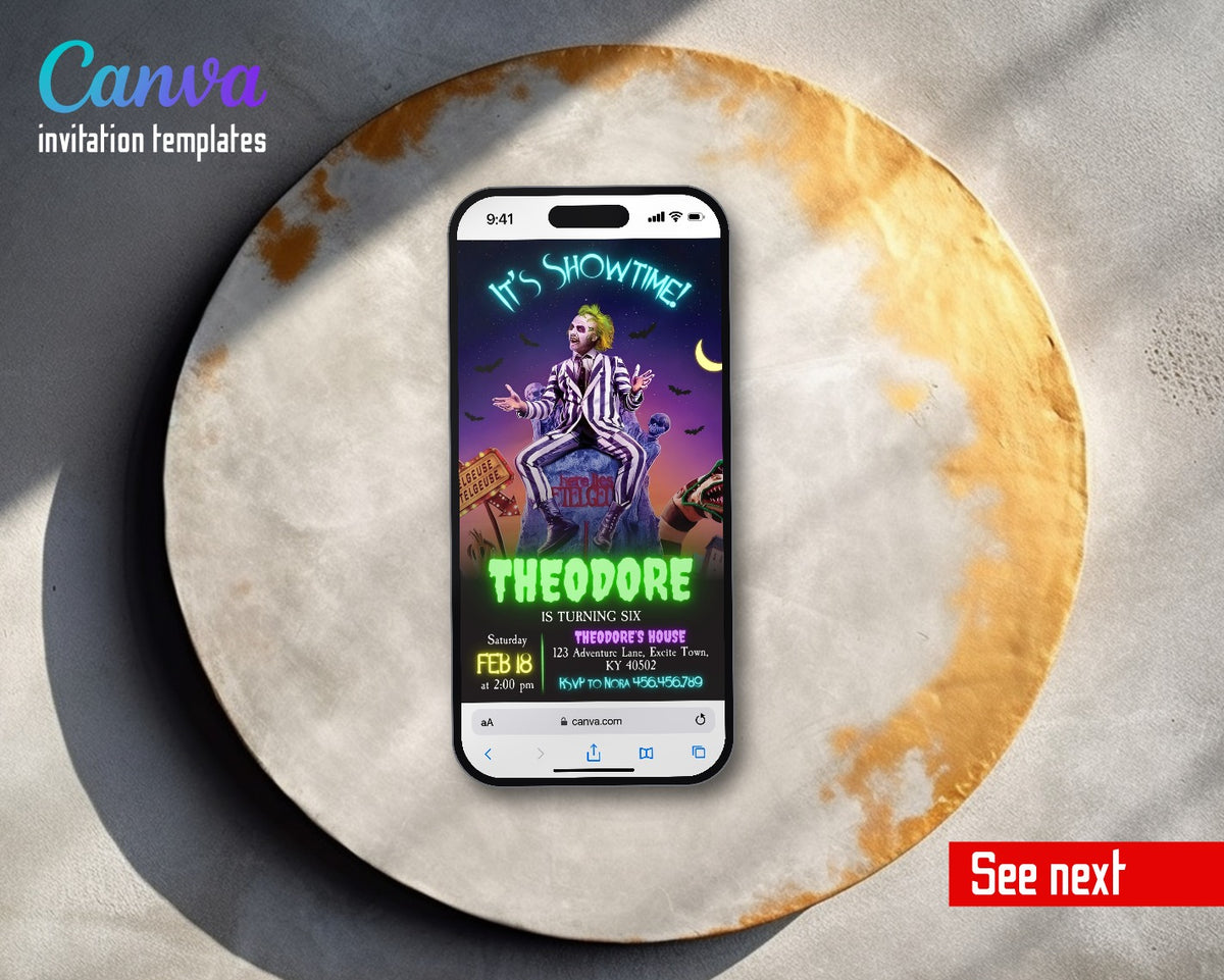 Beetlejuice Halloween Neon Showtime Graveyard Video Birthday Invitation | Animated Evite | Editable Canva