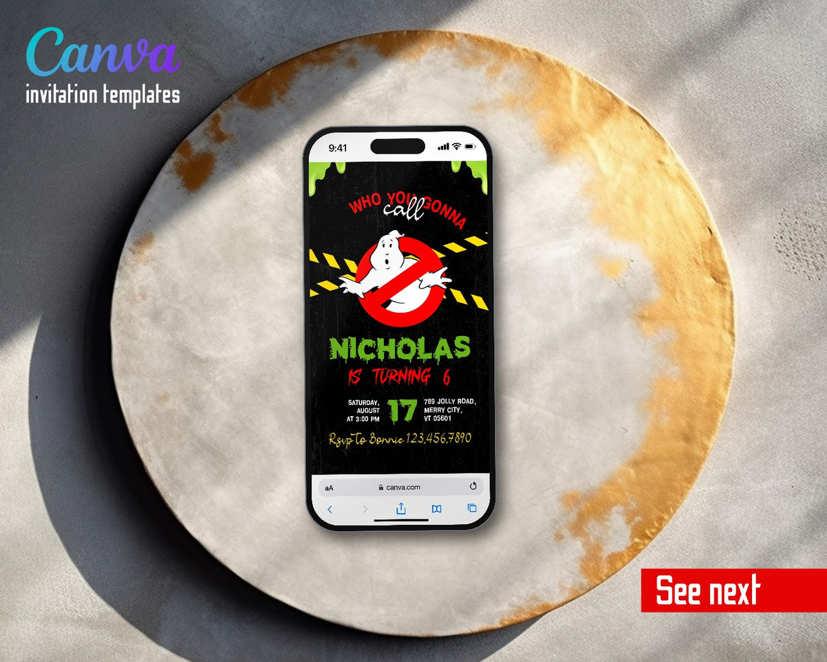 Ghostbusters Slime Drip Hazard Tape Video Birthday Invitation | Animated Evite | Editable Canva